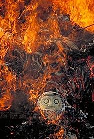 This flaming display held in mid-February is called Dondo yaki, in which huge pyres of New Year's decorations are burned to send off old spirits and to pray for health and safety in the upcoming year.