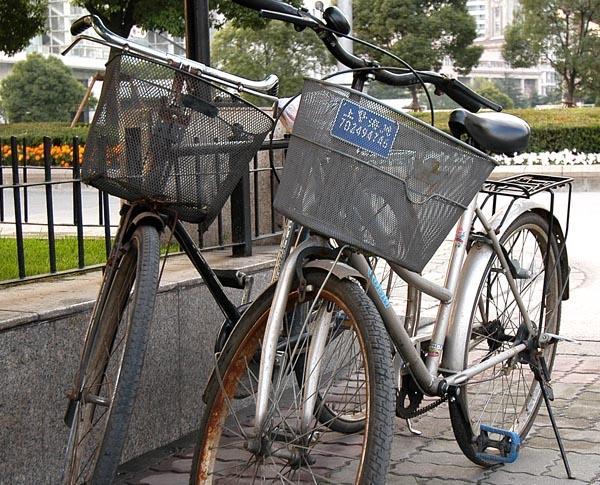 Bicycles on the streets of Shanghai, China.
