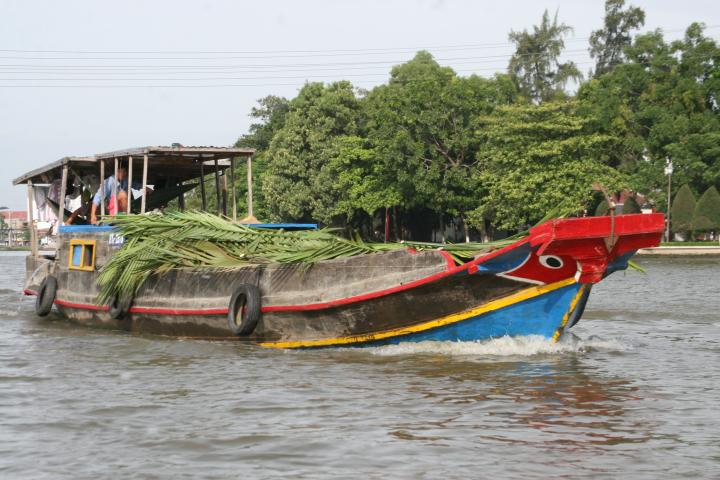Wooden boats are the best way to transport things on the river. I'm carrying palm leaves to help build a house down the river