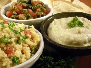 Tabouli, Roasted Garlic Mutabal and Lentil Salad