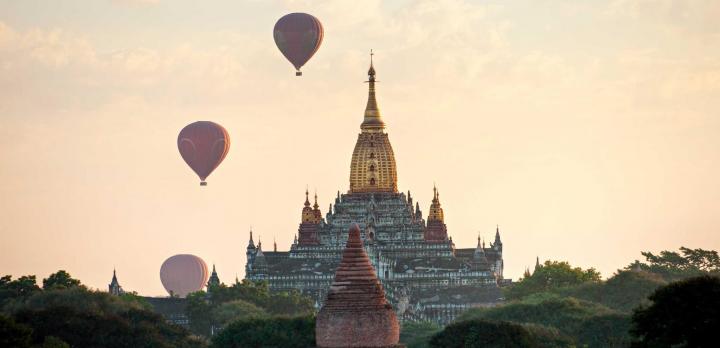 Balloons over Bagan temples, Myanmar