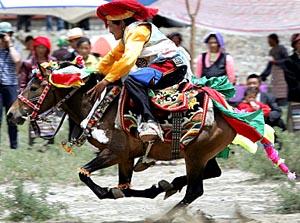 A Tibetan horseman in Tsara township, 70 km from Tibet's capital Lhasa.