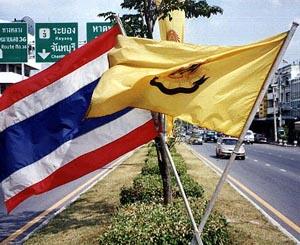 Country and King: As part of the King's birthday celebrations, the national flag of Thailand is flown alongside the yellow flag symbolizing the Thai royalty. Ban Chang, Thailand.