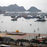 View over the main commercial harbor of Cat Ba Island, center of the 366-island Cat Ba archipelago.