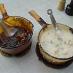 Frog cooked in tung po style, and frog porridge with sliced ginger