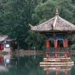 Lake pavilion in Black Dragon Pool Park. Lijiang, Yunnan, China.