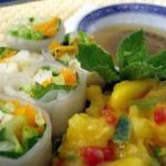 Rice Paper Summer Rolls with Pineapple Dipping Sauce and Tropical Fruit Relish