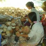 Workers at a coconut factory shelling plant.