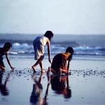 Kids on beach looking for shells. Legian beach area, Bali, Indonesia.