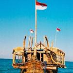 An Indonesia ship, a replica of a vessel from ninth century ship based on the giant Buddhist temple of Borobudur's relief, anchored at Kangean island, Sumenep, East Java. Briton Philip Beale has breathed life into stone -- using a ninth century temple carving to build a replica of an Indonesian ship which will retrace an ancient trade route of the first millenium.