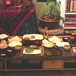 All the empty serving dishes arranged and ready to receive the meal.