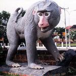 The train passes a giant statue of a monkey in Lopburi, "city of monkeys".
