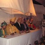 The Sultan of Johor signing the agreement to "rent" Singapore to the British. In the photo is (from left to right) Tengku Ali (Sultan Hussein's son), Sultan Hussein (Sultan of Johor), Major William Farquhar, Temenggung Abdul Rahman (another claimant to the Johor throne) and Sir Stamford Raffles.