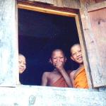 Young monks crowd around the window to glimpse the funny foreign tourist.