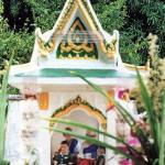 The inside of a spirit house represents the spirit's living space, so here one commonly finds one or many miniature human beings, pieces of furniture, domestic animals and livestock, the odd TV or matchbox car.