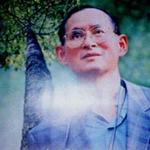 Among the many Royal Projects are those concerned with reversing, or at least slowing, Thailand's cataclysmic deforestation. On the King's Birthday, the planting of a tree in his honor is common practice. Here the King is shown at his present age. The caption roughly translates to "Tree's Shade in Father's House", "Father" being the King, and Thailand his "House."