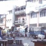 A view of Varanasi's main road from a restaurant. Priveleged cows wander through the streets and occasionally, as here, plant themselves in the middle of them.