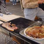 Barbecuing pork by the side of the road. You can see this along the way up Mount Maisan.