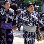 The Tokyo district of Rygoku is the home of one of Japan's most famous Sumo wrestling facilities. Sumo wrestlers train very strenuously for their six annual basho tournaments, and must consume up to 10,000 calories a day to achieve and maintain their enormous stature. When they're not in training however, they can be seen strolling the city sidewalks wearing blue and white cotton robes called yukata.