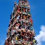 The elaborate gopuram over the main entrance to the Sri Mariamman temple.