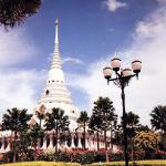 Covering 366 rai (146 acres) of land, Wat Yan features a wide array of architectural styles and structures, surrounded by verdant gardens and vivid flower arrangements. Among the structures is the 40-meter tall chedi shown here.